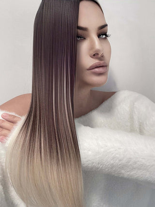 CLIP-IN EXTENSIONS LUXURY QUALITÄT DELUXE SOMBRE BALAYAGE Schoko-Dunkelbraun & Platinblond