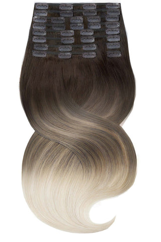 CLIP-IN EXTENSIONS LUXURY QUALITÄT DELUXE SOMBRE BALAYAGE Schoko-Dunkelbraun & Platinblond