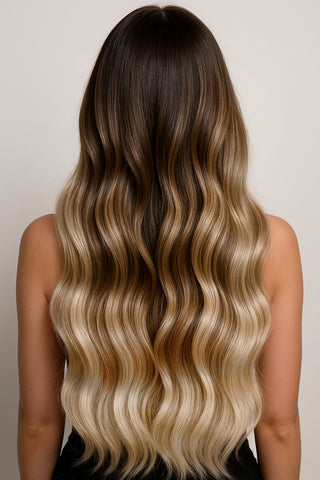 CLIP-IN EXTENSIONS LUXURY QUALITÄT DELUXE SOMBRE BALAYAGE Schoko-Dunkelbraun & Platinblond.